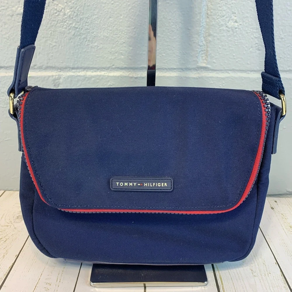 Tommy Hilfiger Canvas/Nylon Messenger/Crossbody Bag-Navy &‎ Red